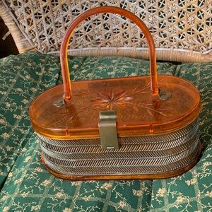 Vintage MCM 50's MW Handbags USA Orange Gold Oval Floral Embossed Handbag Purse